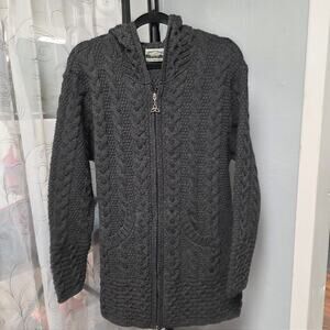 Aran Crafts 100% Merino Wool Hoodie Zipper Gray Sweater Long Sleeves Size L